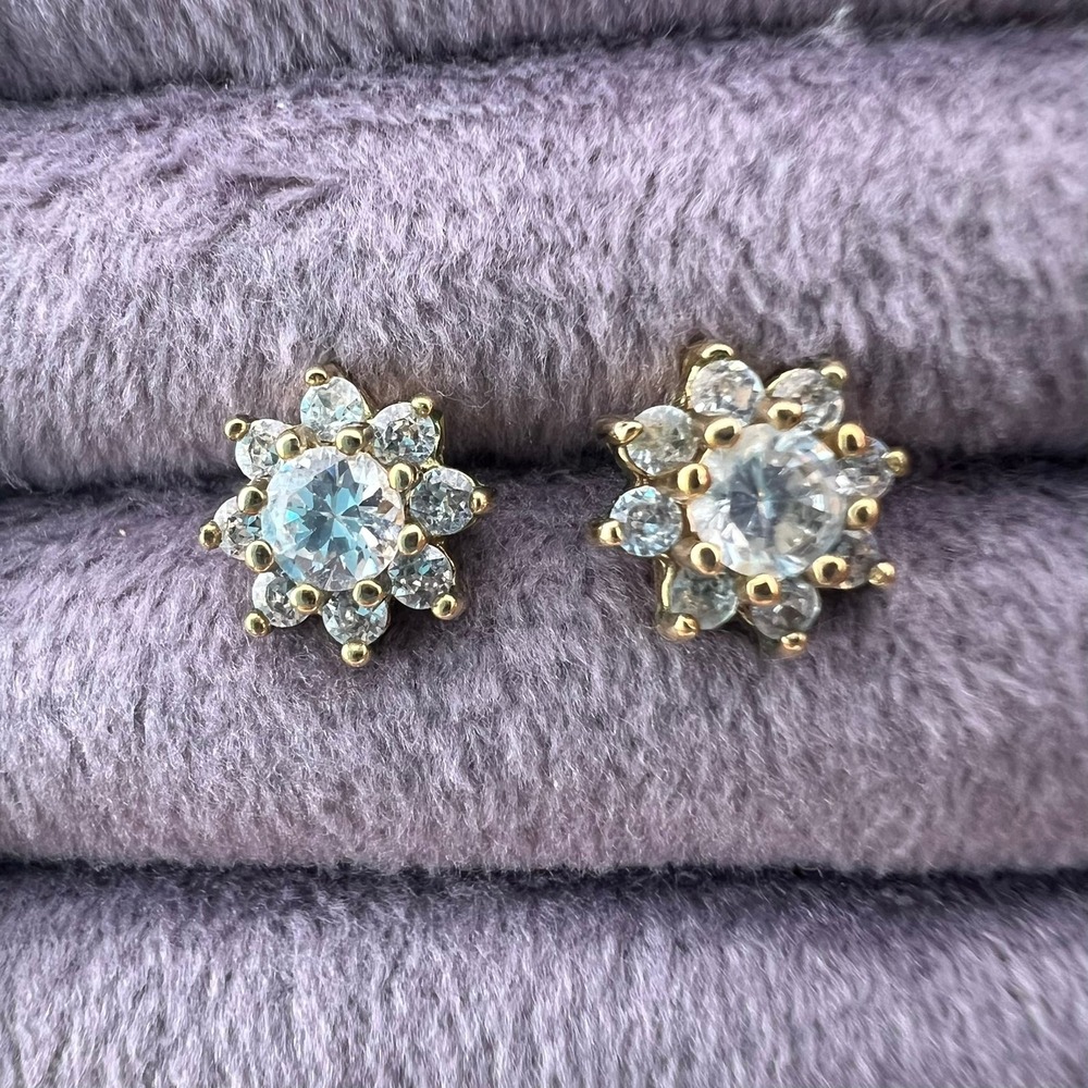 925 Sterling Silver Gold Tone Clear Stone Flower Cluster Stud Earrings